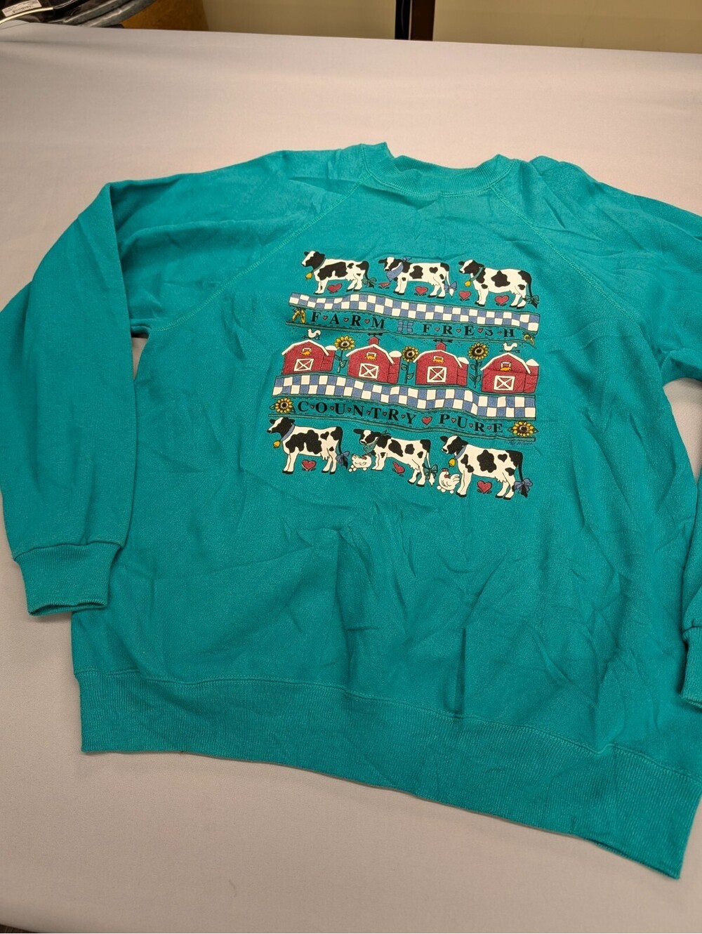 Farm Fresh Cow Hanes Activewear Sweatshirt XL Teal Vintage
